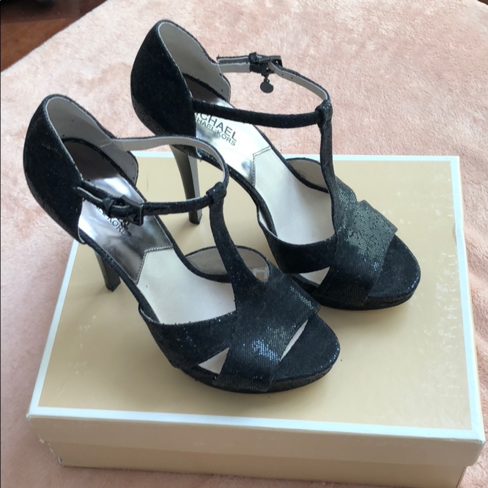 Michael Kors Diana T Strap Black Glitter Heels